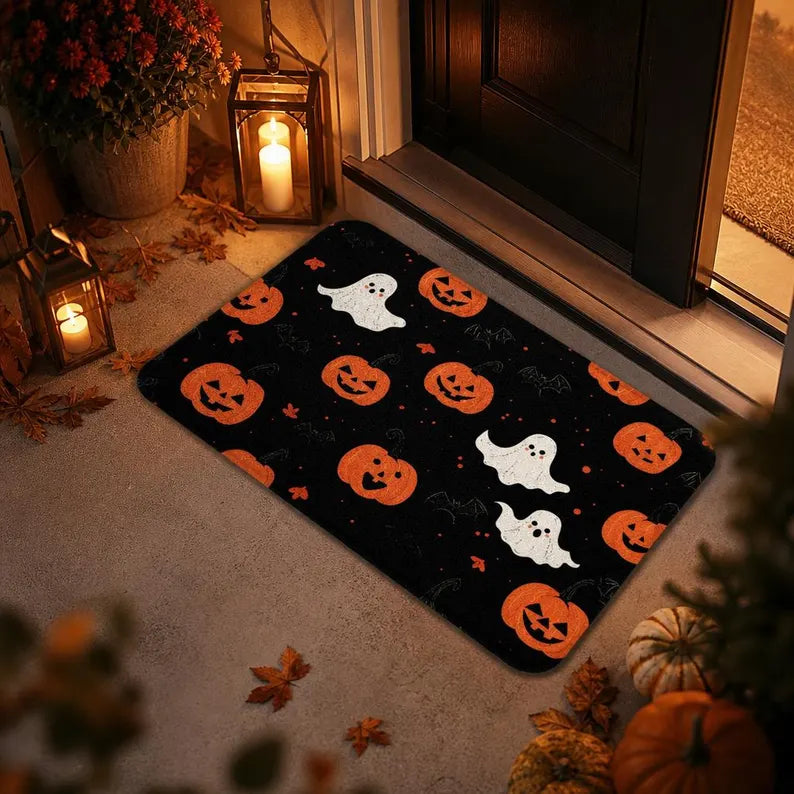 Halloween Doormat: Pumpkin Ghost Bat Black Welcome Mat (Indoor/Outdoor) . DMPETAL19