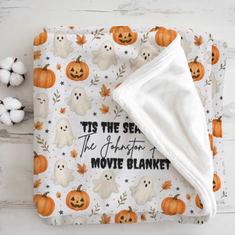 Custom Halloween Family Movie Night Blanket, Personalized Cozy Fall Couch Throw, Homewarming Gift, Ghost Pumpkin Blanket. BLKPETAL4