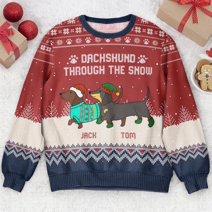 Custom Dachshund Through The Snow Ugly Christmas Sweater, Personalized Dachshund Shirt, Unisex Kid Adult Sweater, Christmas Party Shirt, Holiday Sweatshirts, Xmas Outfit, Christmas Gift UXMAS06