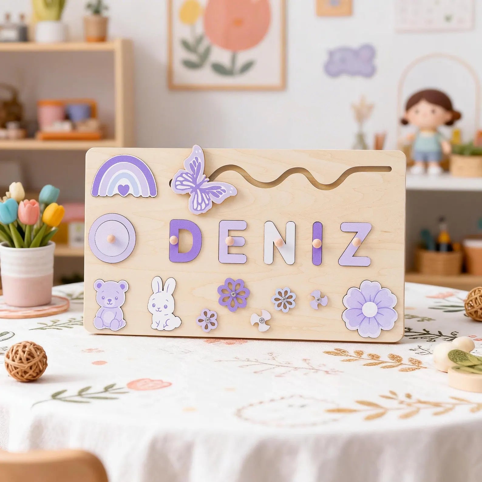 Custom Baby Girl Name Puzzle, Wooden Montessori Toys, Christmas Gifts for Toddlers, 1 year old gifts, Personalized 1st Girl birthday gifts. NPPETAL19