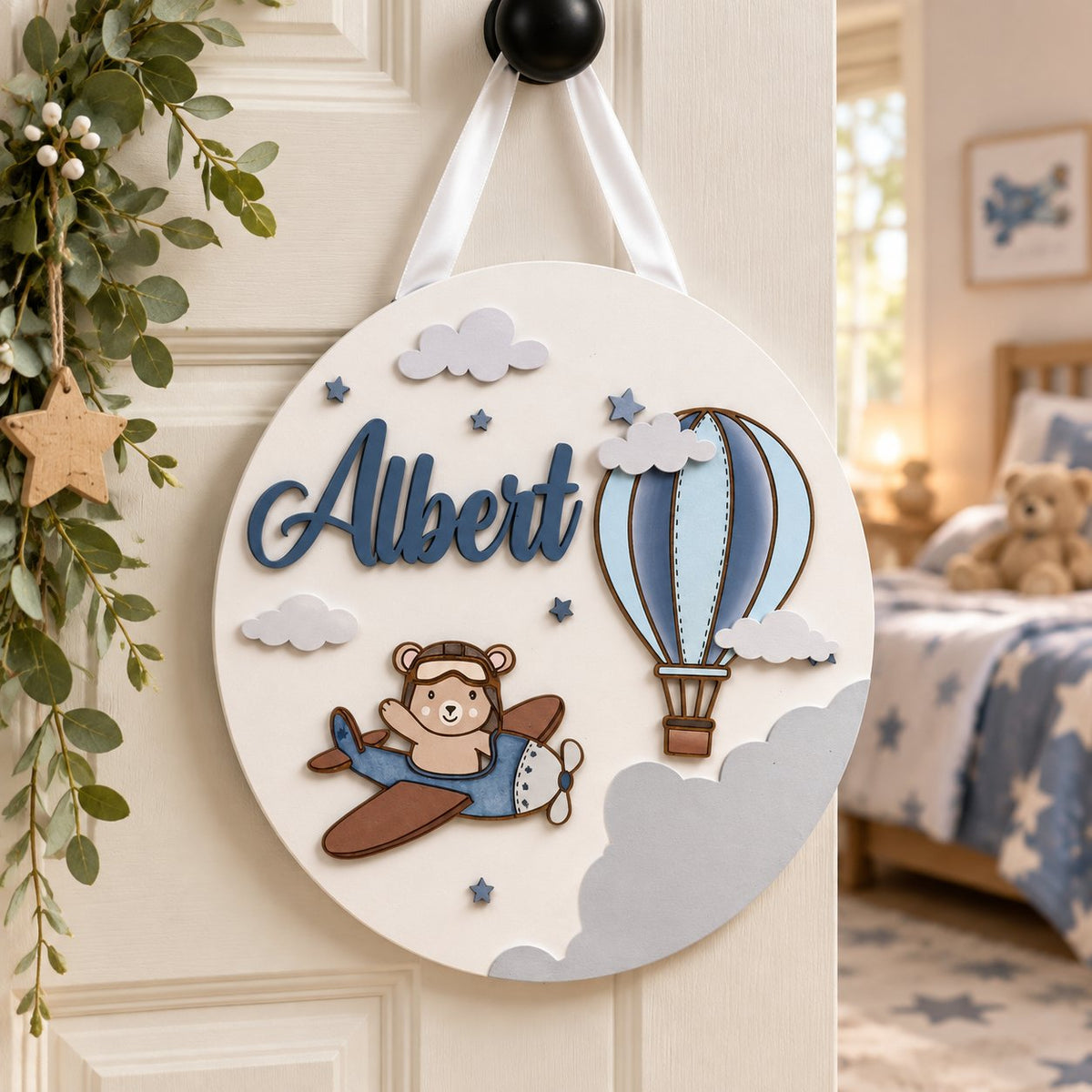 Personalized Airplane Bear Wooden Sign, Custom Boy Name Door Sign, Aviation Nursery Decor, Baby Boy Room Wall Art WOODKID05