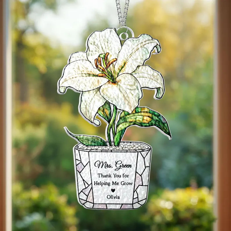 Personalized Sunflower Teacher Stained Glass Suncatcher: Thank You For Helping Me Grow, Teacher Appreciation Gift. SUNPETAL16
