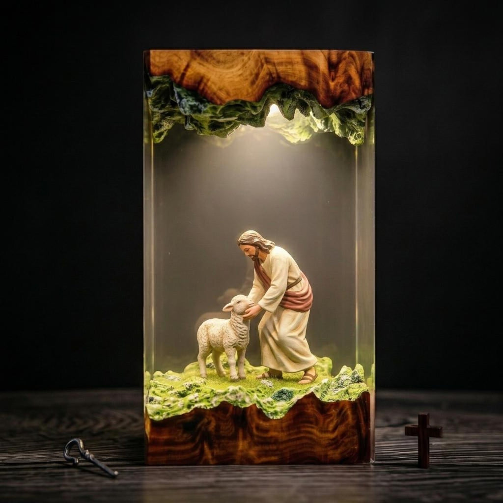 Jesus and Lamb Resin Lamp, Christian Night Light, Faith Religious Decor, Biblical Shepherd Scene, Christmas Gift, Christian Home Decoration. RLPETAL18