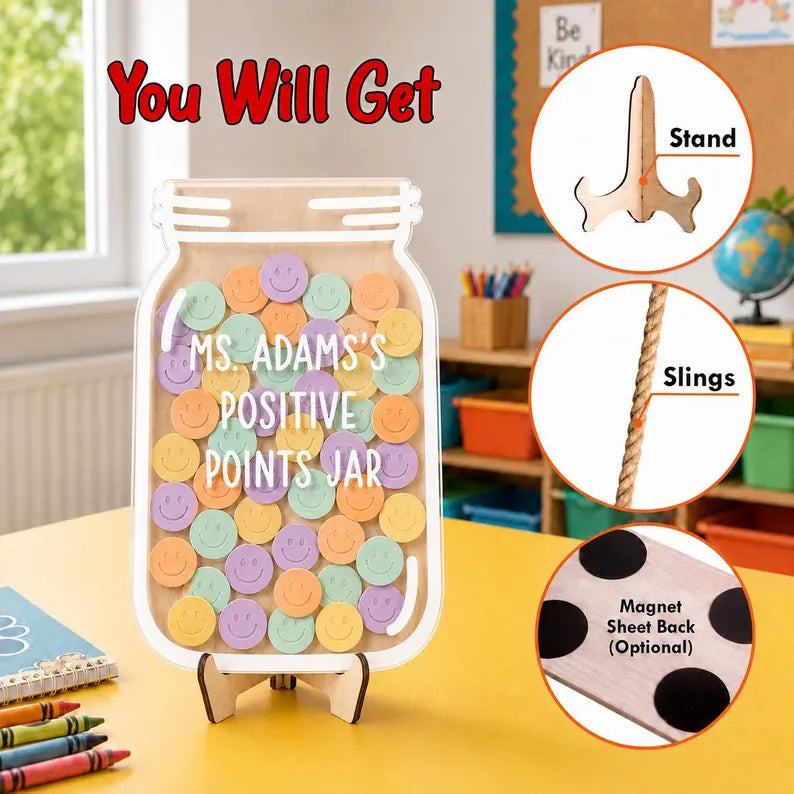 Personalized Teacher Reward Jar, Custom Classroom Incentive Token Board, Pastel Smiley Face Reward System, Back to School Teacher Gift Hook. RJPETAL07