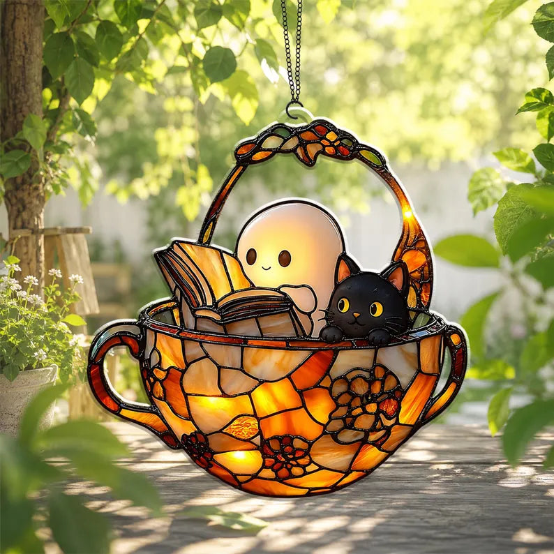 Cute Ghost Reading Book And Black Cat Acrylic Ornament, Halloween Window Hanging, Halloween Bookish Gift, Cat Lover Gift, Book Lover Gift. HSPETAL3