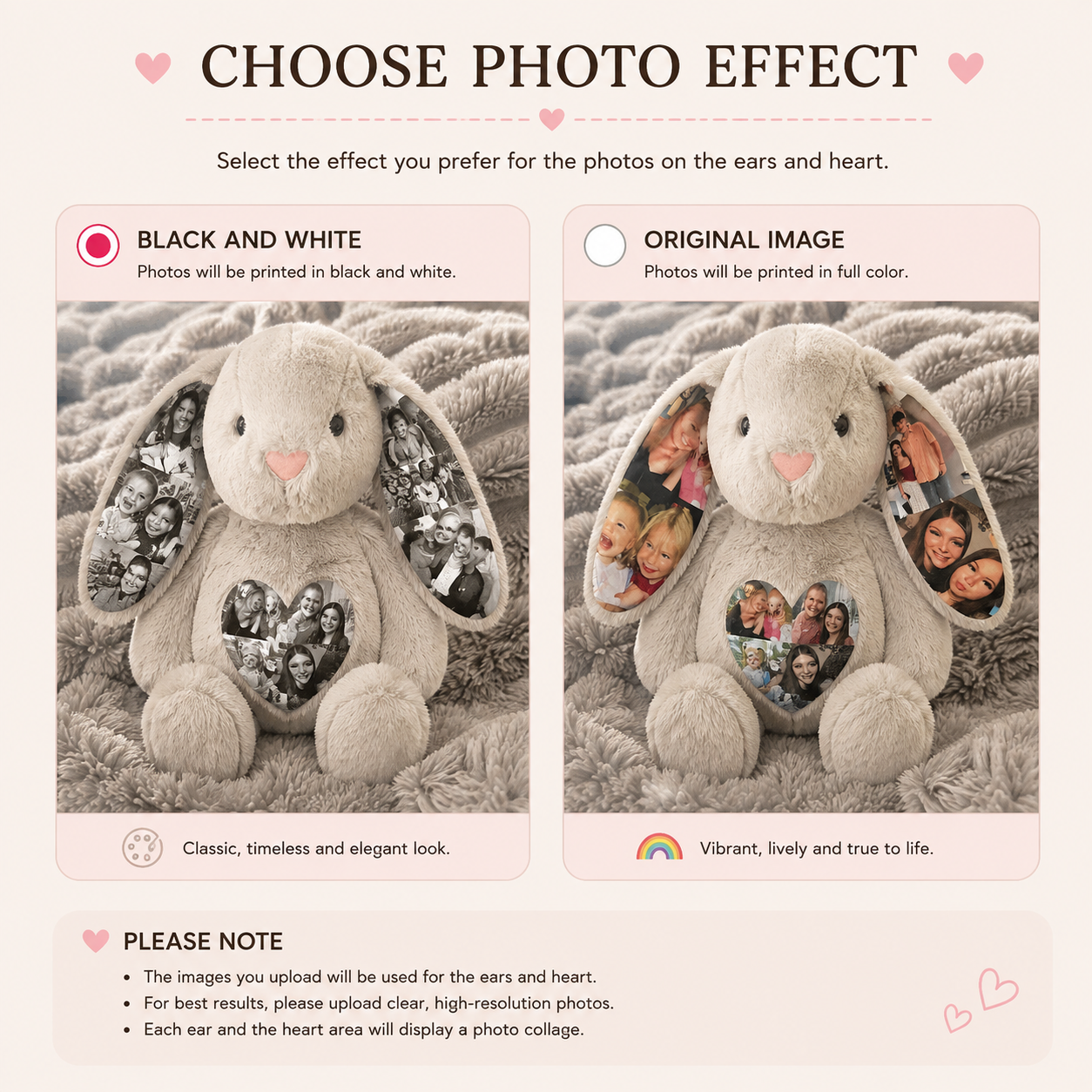 Custom Photo Bunny Plush, Personalized Picture Ear Gift for Girlfriend Boyfriend, Anniversary Birthday Gift, Memory Keepsake. BPPETAL1