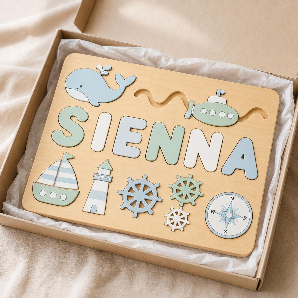 Personalized Nautical Name Puzzle, Custom Wooden Ocean Name Puzzle for Toddlers, Montessori Sea Adventure Puzzle, Kids Nursery Gift. NPPETAL18