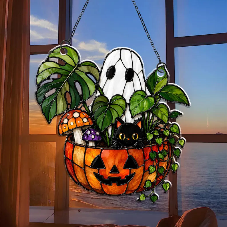 Cute Ghost Plant And Black Cat Acrylic Suncatcher, Pumpkin Window Hanging, Hangings Plant Lover Gift, Black Cat Lover, Halloween Decor. HSPETAL7