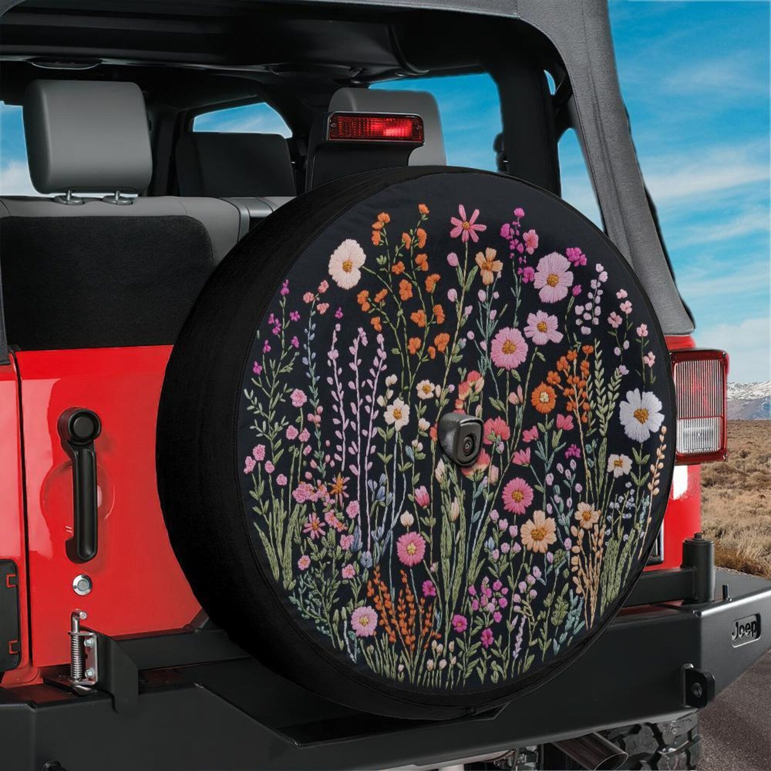 Wild Flowers Spare Tire Cover, Faux Embroidery Pastel Printed Grassy Botanicals Floral Wheel Unique Backup Camera Hole Trailer Back Women RV. TCPETAL10