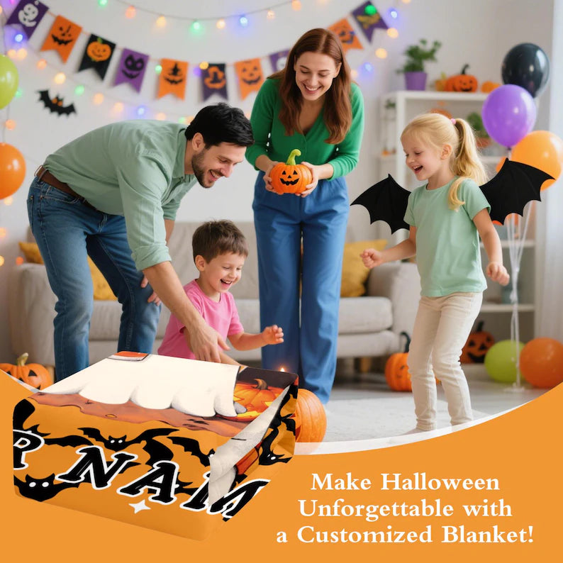 Custom Cute Ghost Halloween Blanket, Personalized Name Spooky Throw Blanket for Women Men, Halloween Boo Gift for Him Her Kids Boys Girls. BLKPETAL1