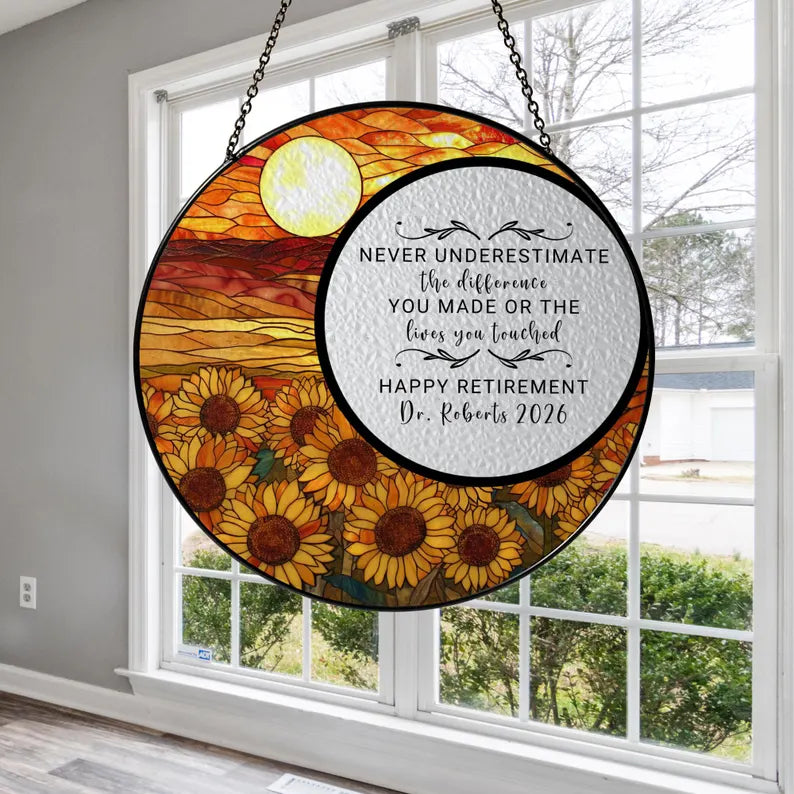 Personalized Stained Glass Retirement Suncatcher, Custom Retired Christmas Gift For Boss Coworker Colleague Retirement Keepsake Gift For Her. SUNPETAL08