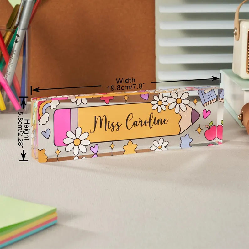 Personalized Teacher Desk Name Plate, Custom Teacher Pencil, Teacher Appreciation Gift, Classroom and Office Decor, Name Plate For Desk. DNPETAL05
