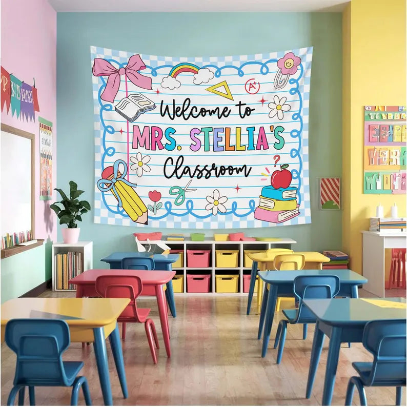 Personalized Teacher Tapestry, Custom Welcome Classroom Banner with Name, Back To School, First Day of School Gifts, Gift for Teacher. CBPETAL01