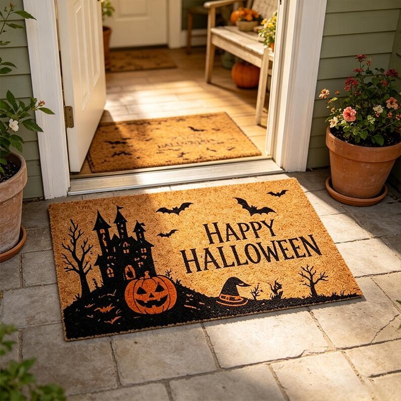 Happy Halloween Haunted House Doormat,Spooky Pumpkin & Bat Entry Rug,Halloween Front Door Decor,Retro Haunted Castle Halloween Doormat. DMPETAL9