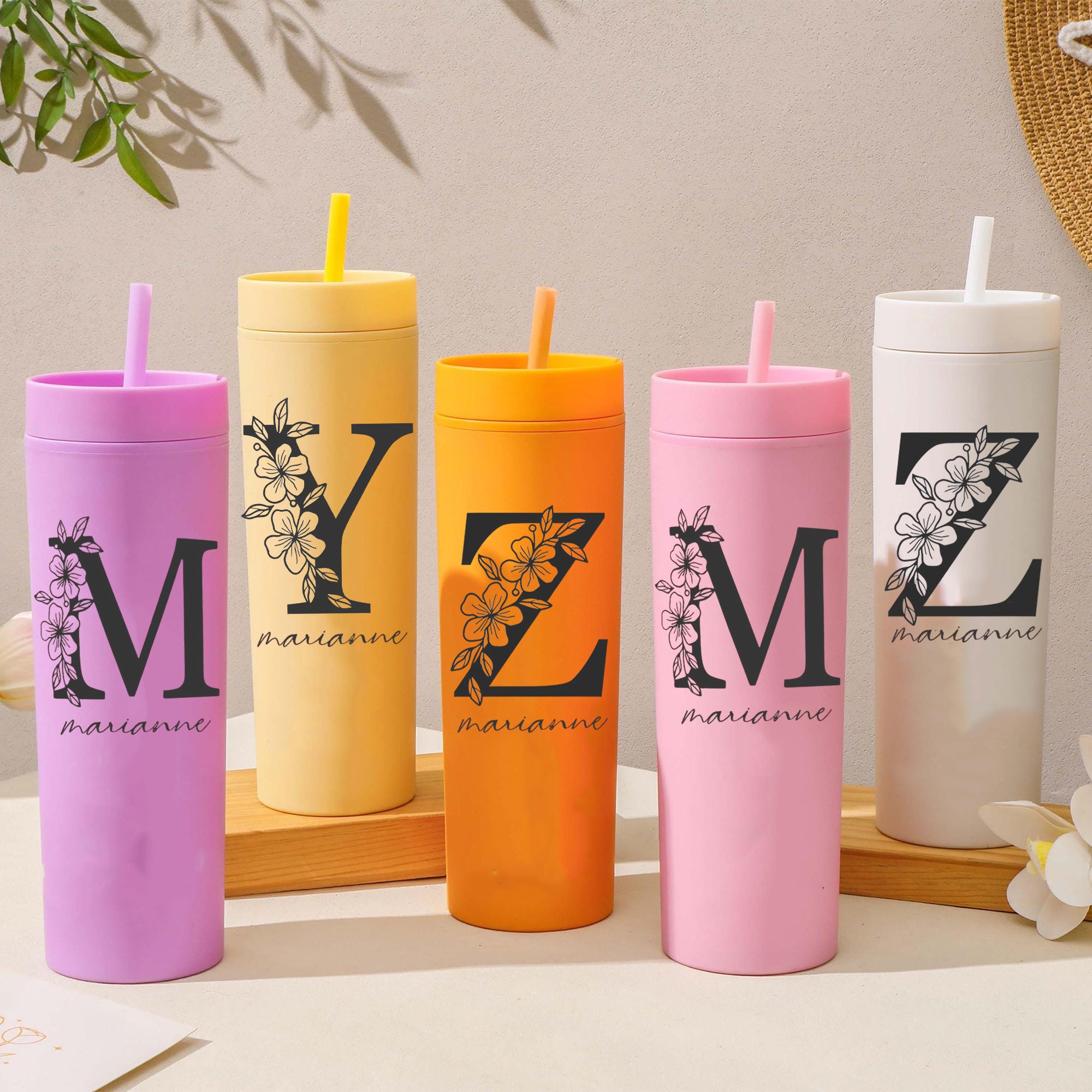 Personalized Skinny Tumbler Flower With Name, Custom Floral Initial Tumbler, Cute Drink Cup With Straw, Birthday Gift, Bridesmaid Proposal, Gift for Her