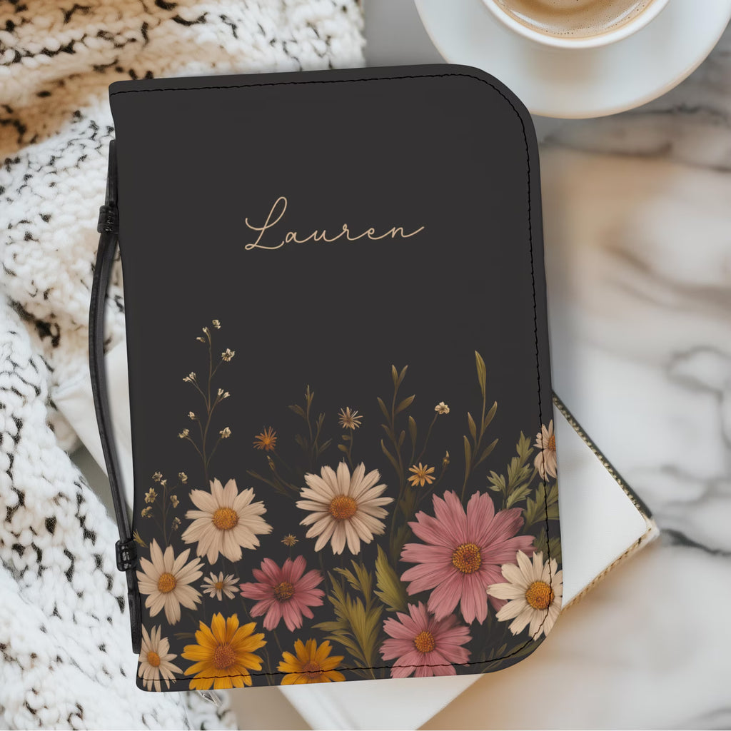 Personalized Floral Bible Cover with Handle, Daisy Zippered Bible Case Custom Name Christian Gift for Women Girls Flower Bible Bag for Mom. BCPETAL2