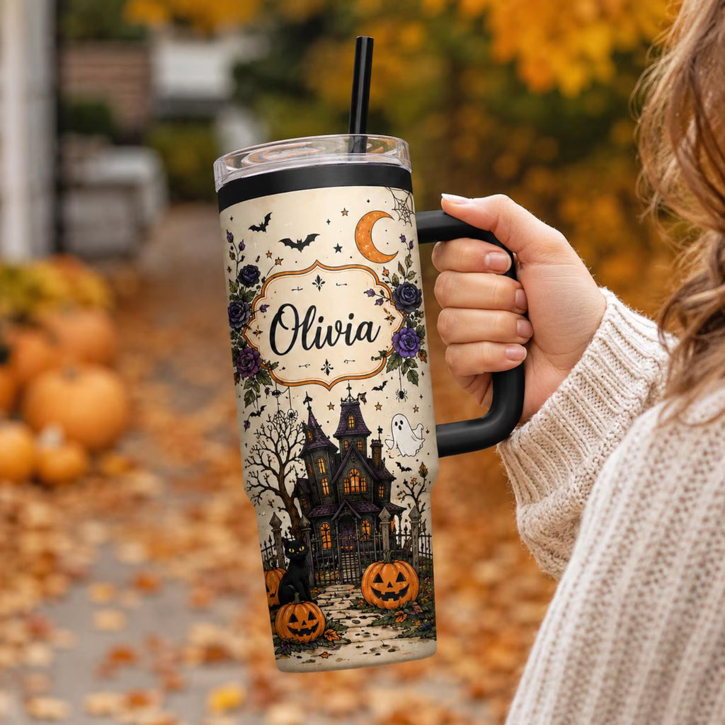 Personalized Halloween Tumbler, Spooky Haunted House Black Cat Travel Cup. TBLPETAL18