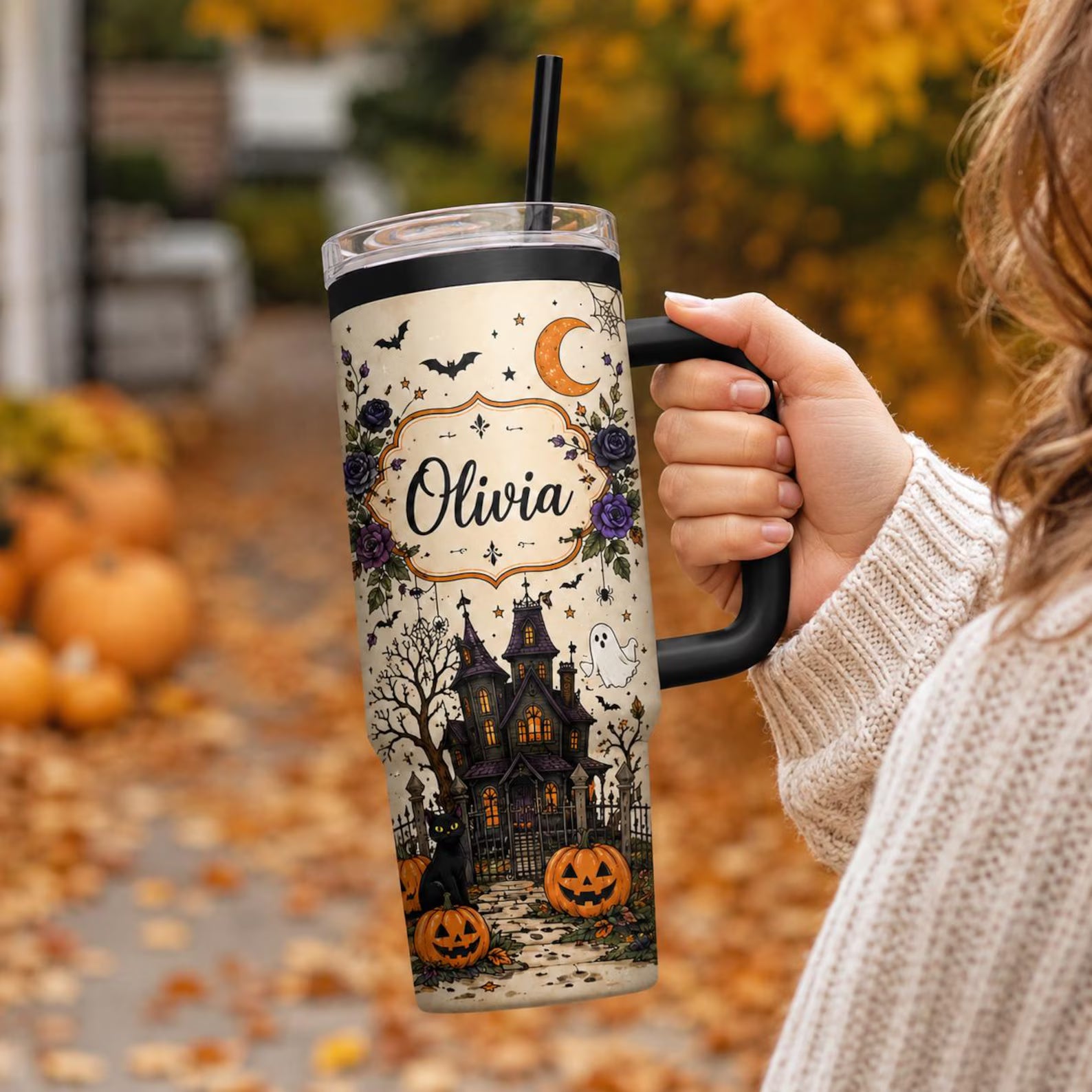 Personalized Halloween Tumbler, Spooky Haunted House Black Cat Travel Cup. TBLPETAL18