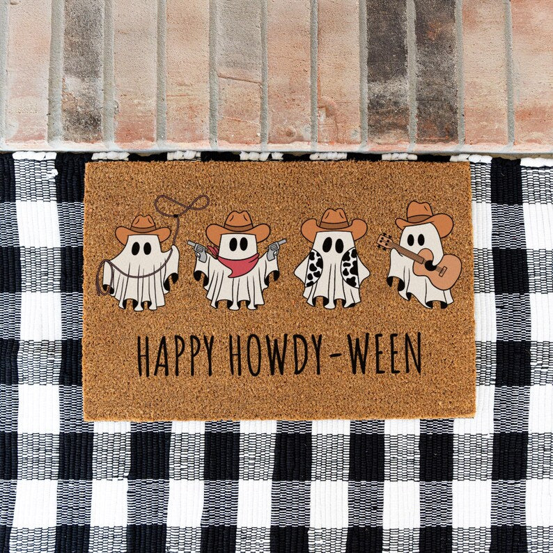 Halloween Cowboy Ghost Doormat, Happy Howdy-Ween Doormat, Fun Decorative Welcome Mat for Spooky Season, Cowboy Ghost Themed Home Decor. DMPETAL21
