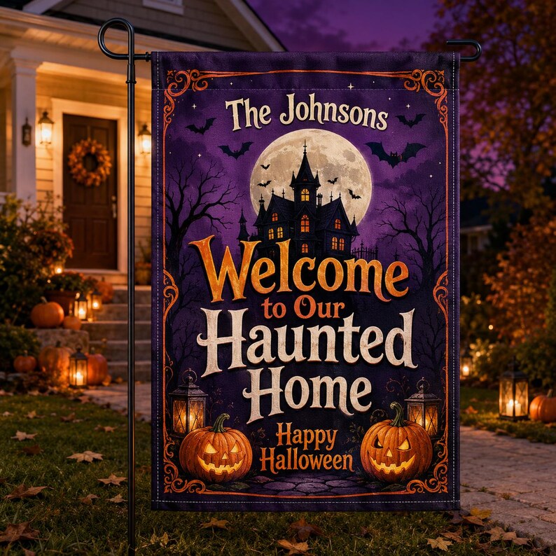 Personalized Halloween Garden Flag, Custom Family Name Yard Flag, Welcome to Our Haunted Home, Pumpkin Outdoor Porch Lawn Decor. HLWGFPETAL9
