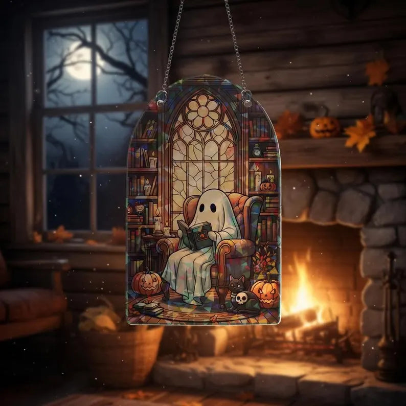 Halloween Ghost Hologram Acrylic Ornament: Gothic Window Hanging, Spooky Cute Decor, Autumn & Witchy Home Accent. HSPETAL13