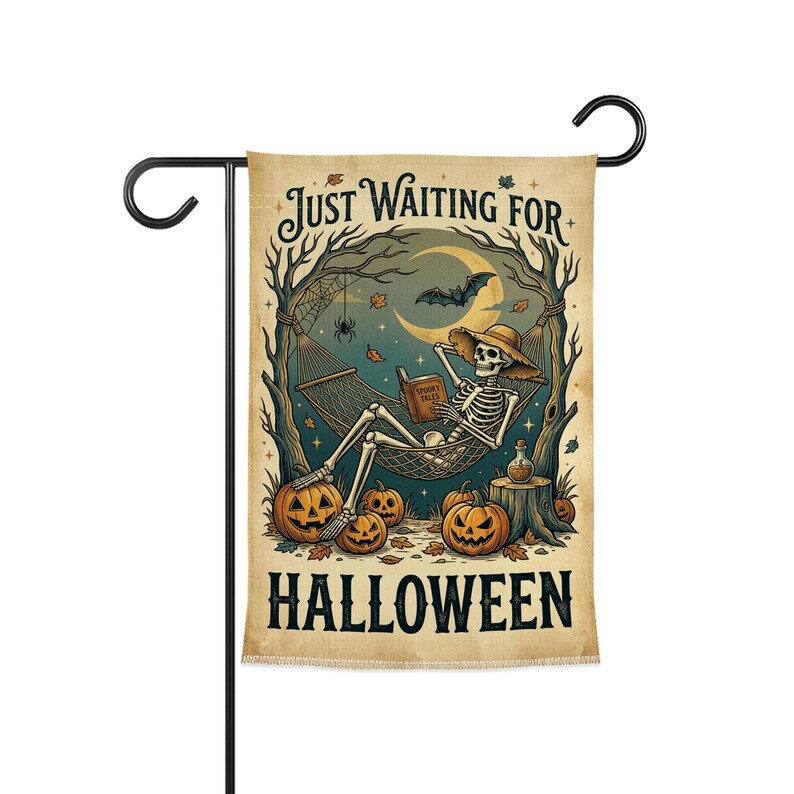 Just Waiting For Halloween Garden Flag, Skeleton Hammock Yard Flag, Spooky Pumpkin Halloween Decor, Witchy Fall Porch Flag. HLWGFPETAL12