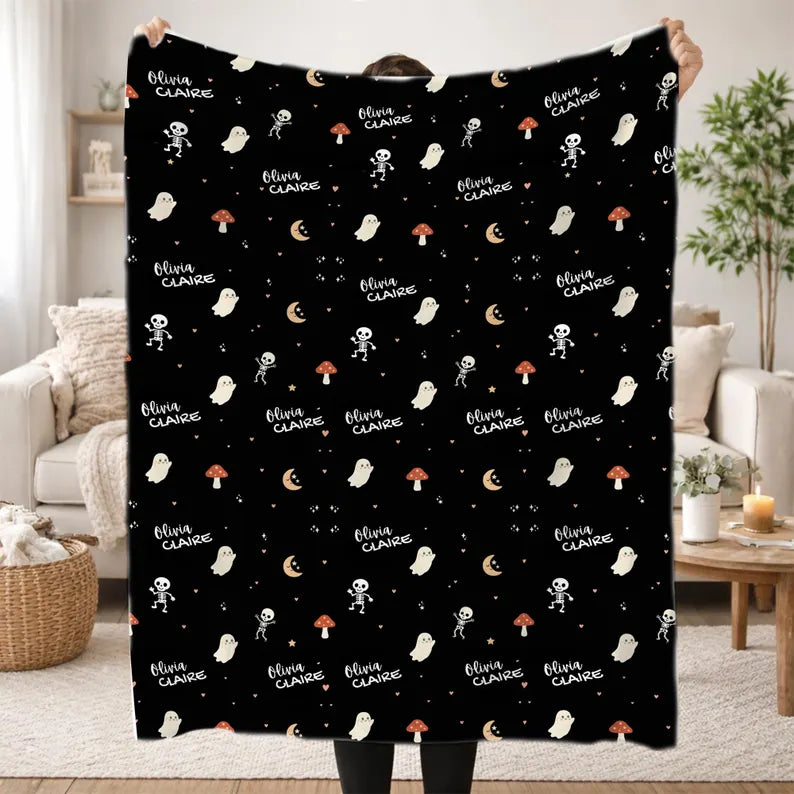Personalized Halloween Baby Blanket | Custom Baby Name Blanket | Cute Ghost & Skeleton Baby Blanket Baby's First Halloween Gift for Newborn Baby Halloween. BLKPETAL7