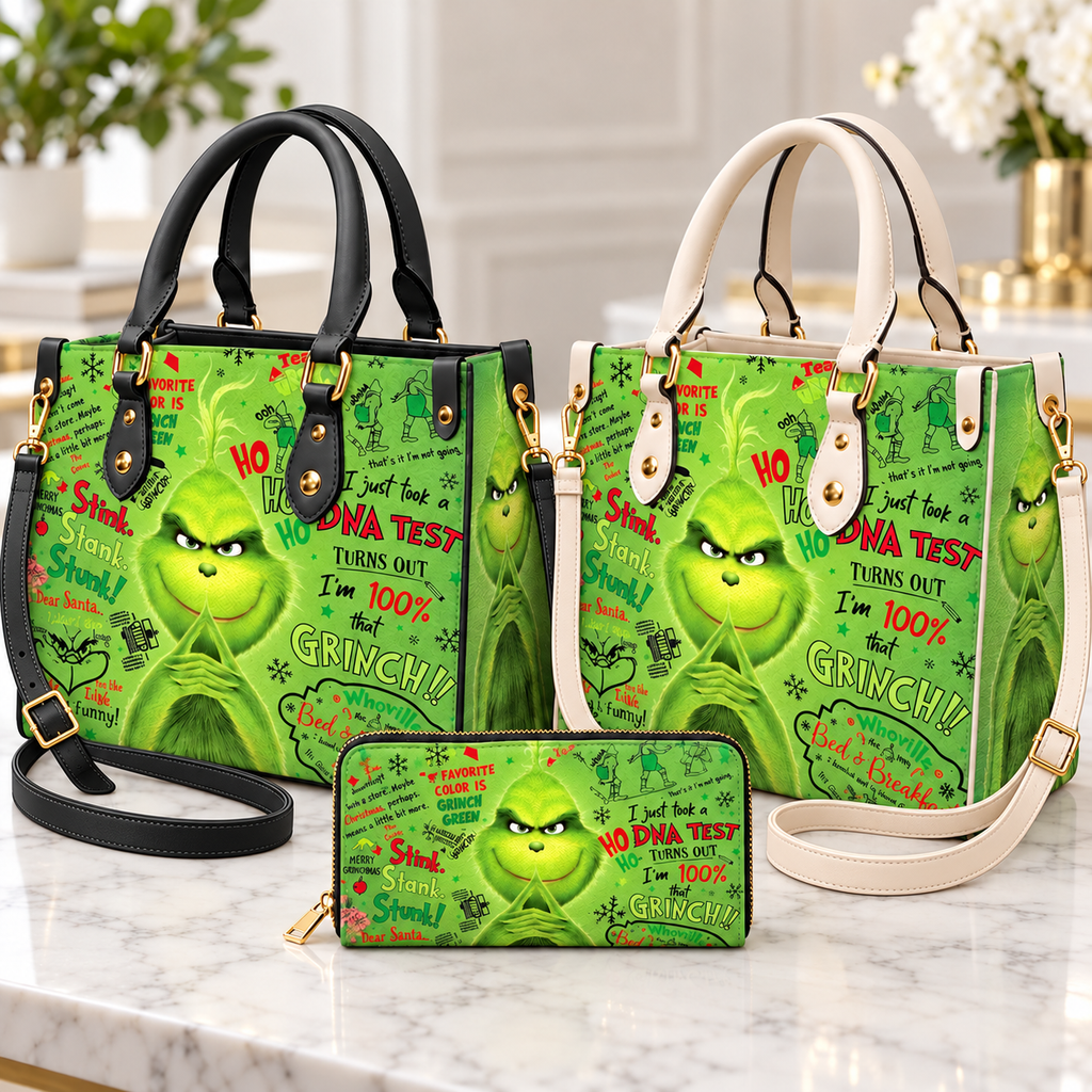 Grinch Hohoho Pattern Leather Handbag, Grinch Christmas Leather Tote Bag, Grinch Wallet Purse, Christmas Bag Gift GBAG06