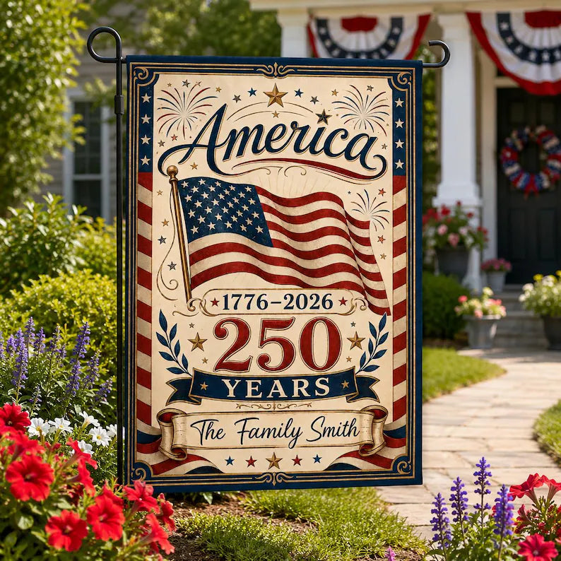 Personalized America 250 Garden Flag, Custom Family Name Patriotic Yard Flag, 1776-2026 Fourth of July House Flag, USA Outdoor Decor Gift. GFPETAL09