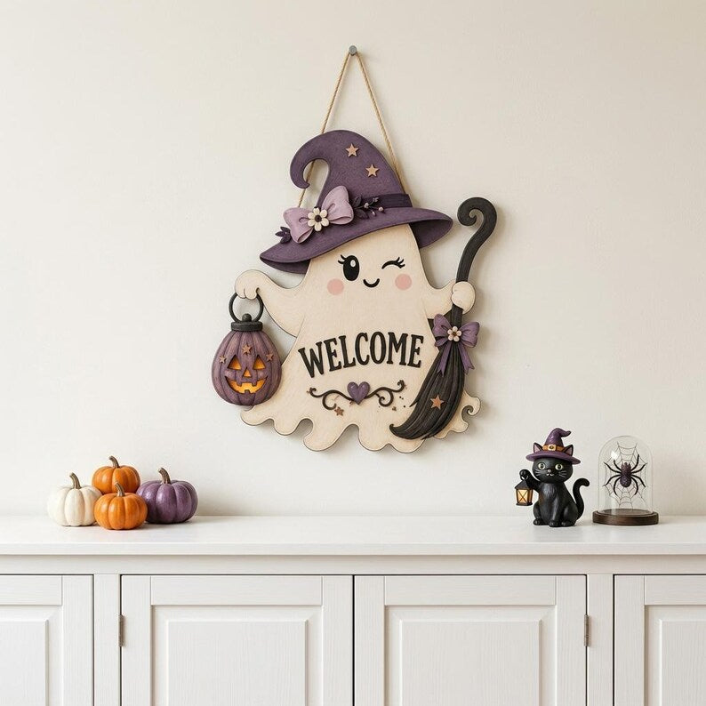 Cute Ghost Welcome Door Hanger, Halloween Wooden Door Sign, Spooky Ghost Decor with Witch Hat, Front Porch Halloween Decoration. HLWDHPETAL15