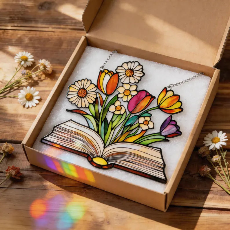 Stained Glass Book Suncatcher, Floral Book Lover Gift, Reading Nook Decor, Window Hanging Glass Art, Teacher Gift, Library Decor. SUNPETAL12