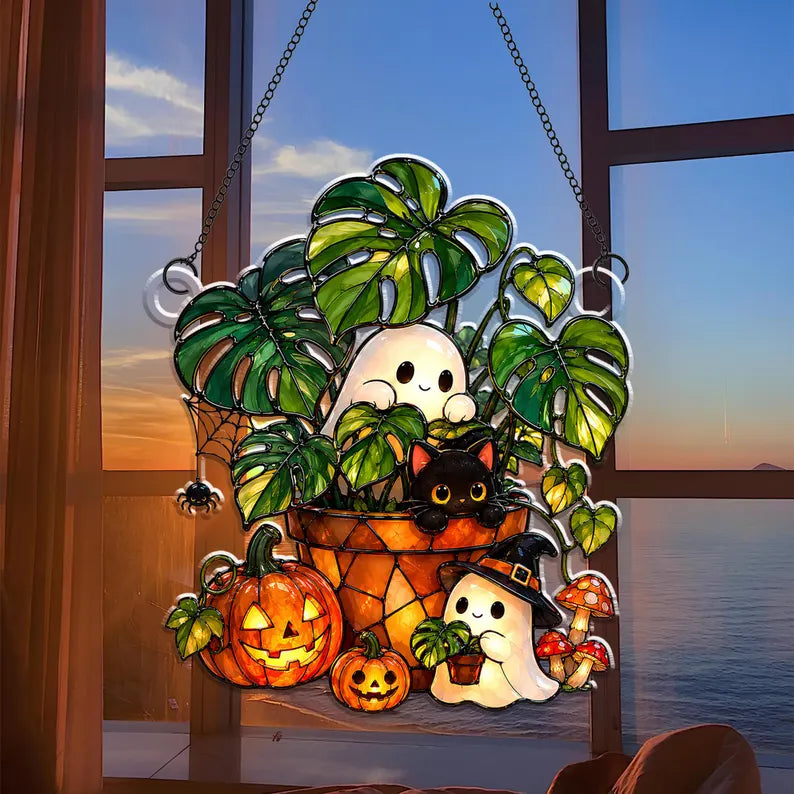 Cute Ghost Plant And Black Cat Acrylic Suncatcher, Pumpkin Window Hanging, Hangings Plant Lover Gift, Black Cat Lover Gift, Halloween Decor. HSPETAL2