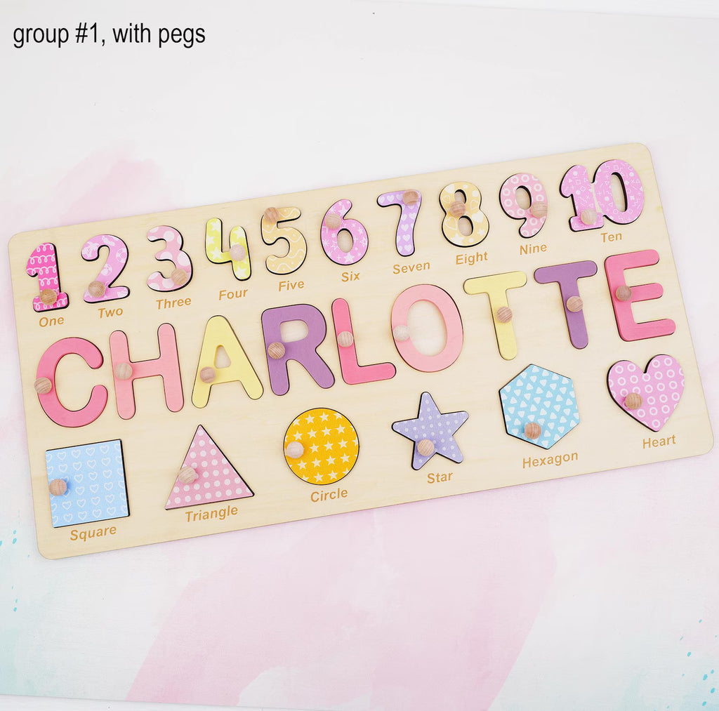 Personalized Wooden Name Puzzle Gift for Boys & Girls, Custom Baby Gifts Name Puzzle with Numbers, Geometry Shapes, Back Engraving. NPPETAL1