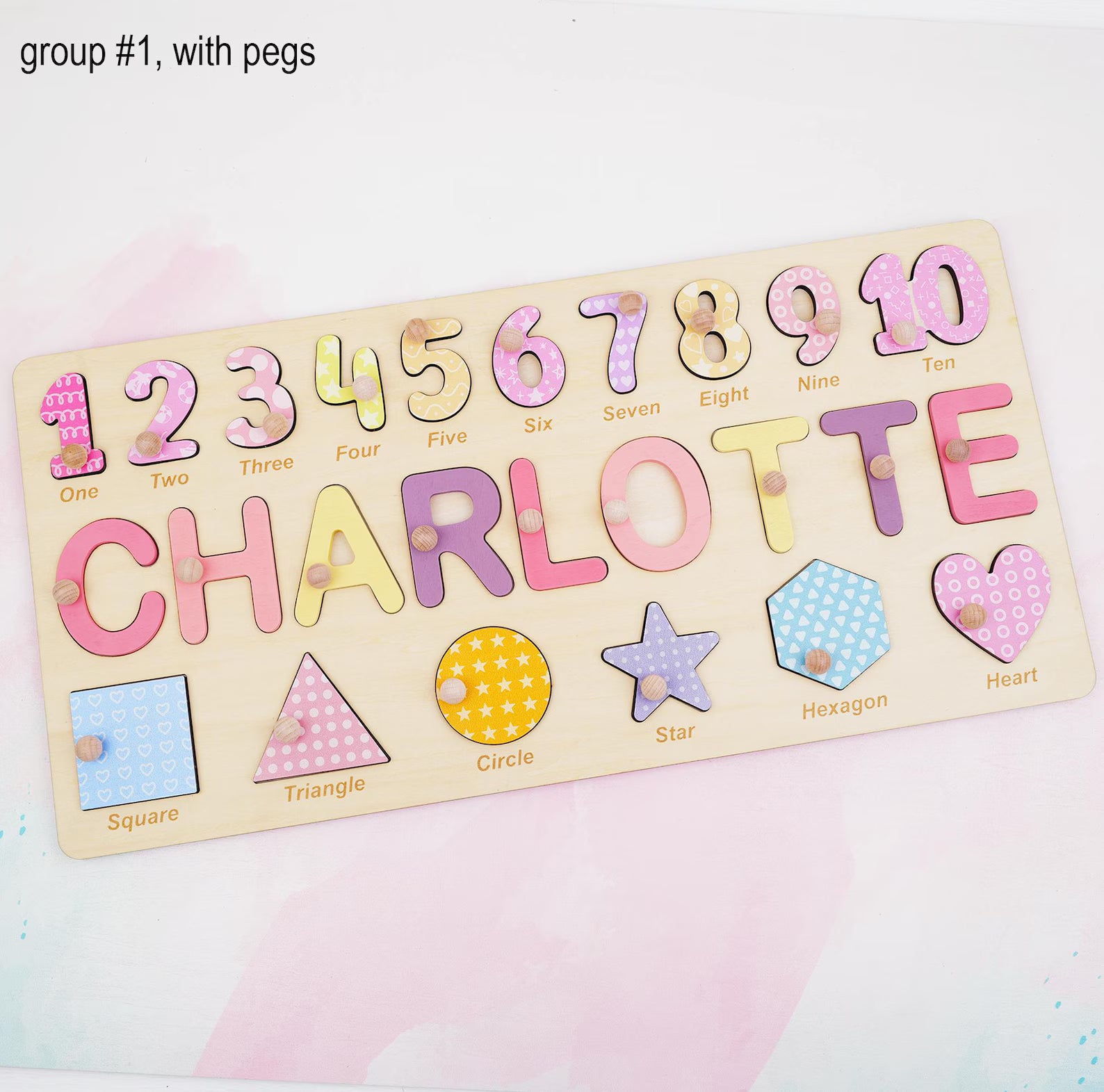 Personalized Wooden Name Puzzle Gift for Boys & Girls, Custom Baby Gifts Name Puzzle with Numbers, Geometry Shapes, Back Engraving. NPPETAL1