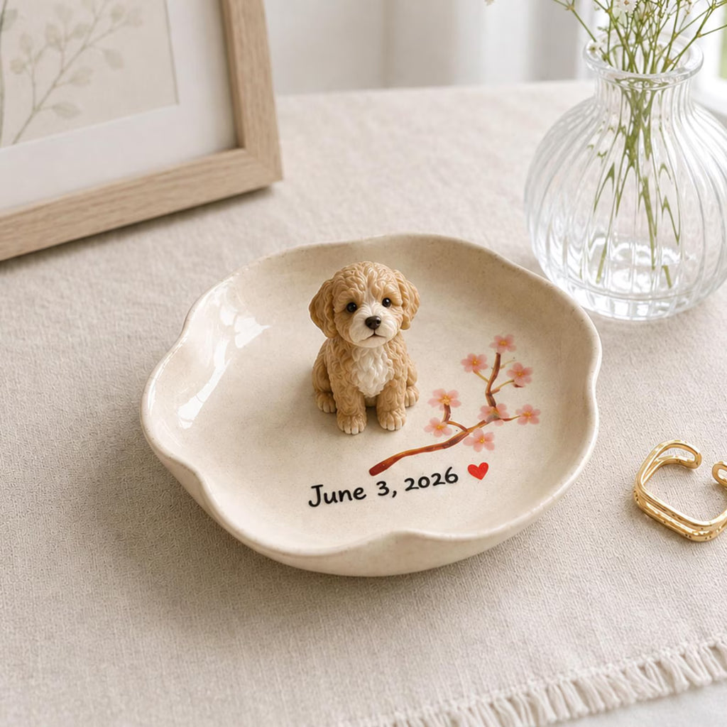 Personalized Dog Ring Dish, Ceramic Pet Jewelry Tray, Cherry Blossom Keepsake. CPPETAL14