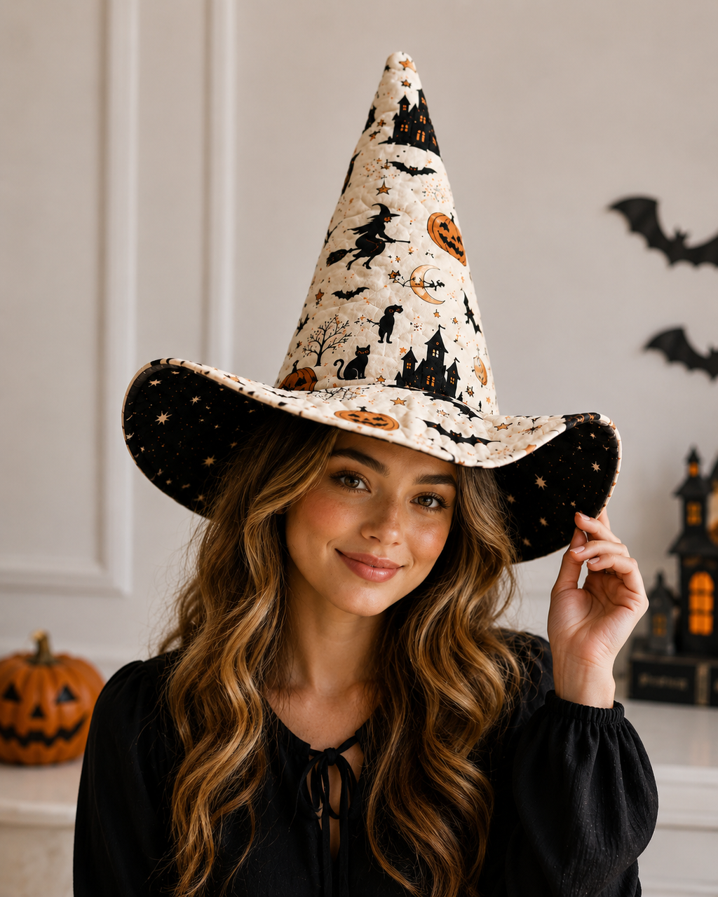 Halloween Quilted Witch Hat for Women – Soft Padded Witch Costume Hat with Pumpkin, Bat & Haunted House Print. QWHPETAL1