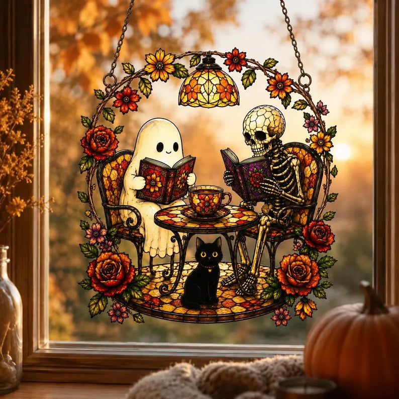 Ghost and Skeleton Reading Book Acrylic Suncatcher, Black Cat in Teacup, Books Lover. HSPETAL14