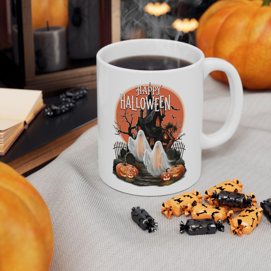 Happy Halloween Mug Spooky Ghosts Coffee Cup Gothic Haunted House Ceramic Mug Glowing Full Moon Autumn Fall Gift Holiday Keepsake Cup. MPETAL13
