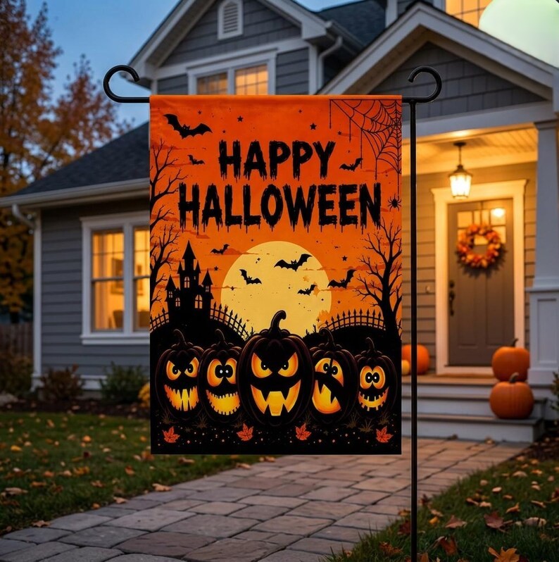 Happy Halloween Garden Flag, Spooky Pumpkin Yard Flag, Jack O Lantern Fall Porch Decor, Haunted House Outdoor Flag, Halloween Party Gift. HLWGFPETAL13