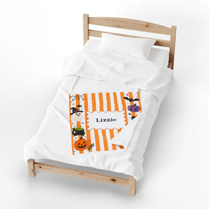Personalized Halloween Stripe Plush Blanket For Kid, Cute Ghost Pumpkin Cat Bat Skeleton Blanket, Halloween Name Blanket, Kid Halloween Gift. BLKPETAL2
