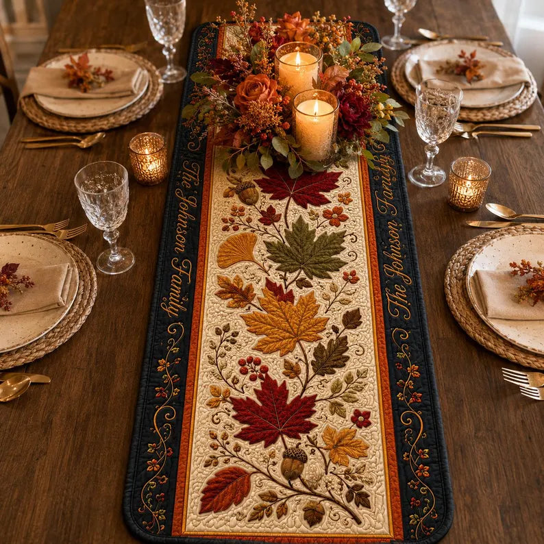 Autumn Leaves Quilted Table Runner, Fall Maple Leaf and Acorn Table Decor, Thanksgiving Dining Room Centerpiece. QTRPETAL8