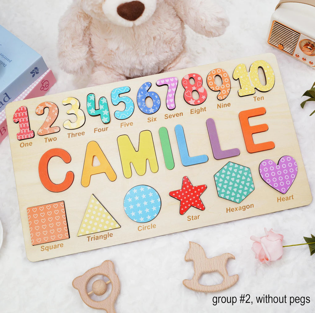 Personalized Wooden Name Puzzle Gift for Boys & Girls, Custom Baby Gifts Name Puzzle with Numbers, Geometry Shapes, Back Engraving. NPPETAL1