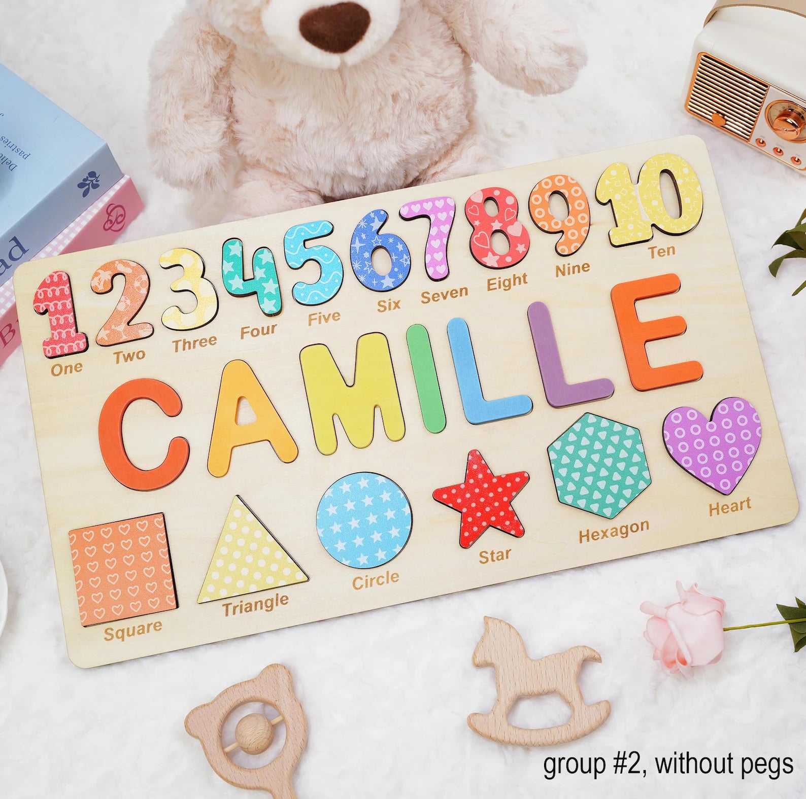 Personalized Wooden Name Puzzle Gift for Boys & Girls, Custom Baby Gifts Name Puzzle with Numbers, Geometry Shapes, Back Engraving. NPPETAL1