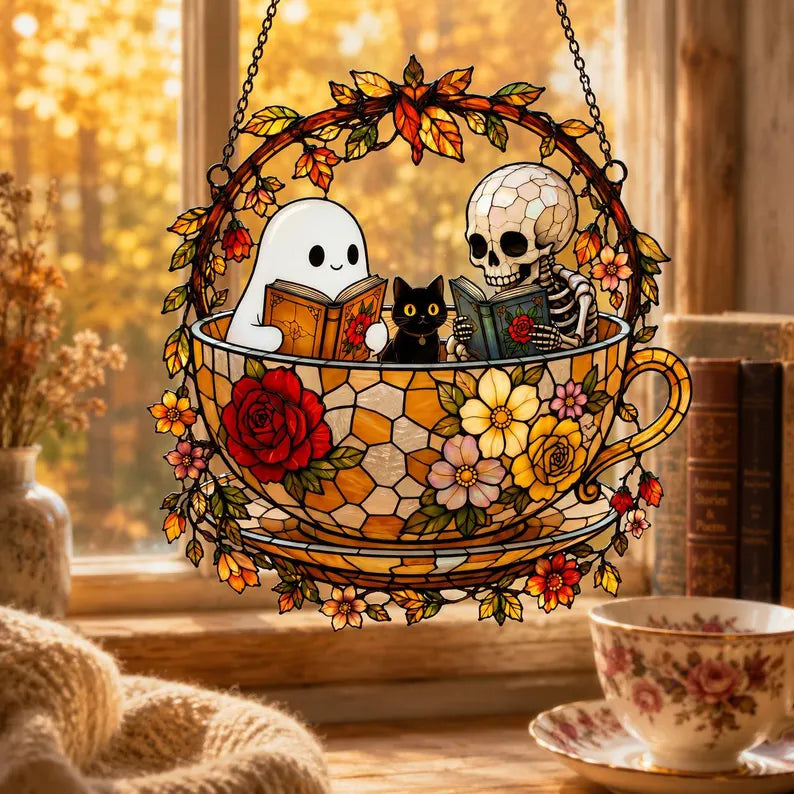 Skeleton Ghost Reading Book Acrylic Suncatcher, Black Cat in Teacup, Books Lover Gift. HSPETAL10