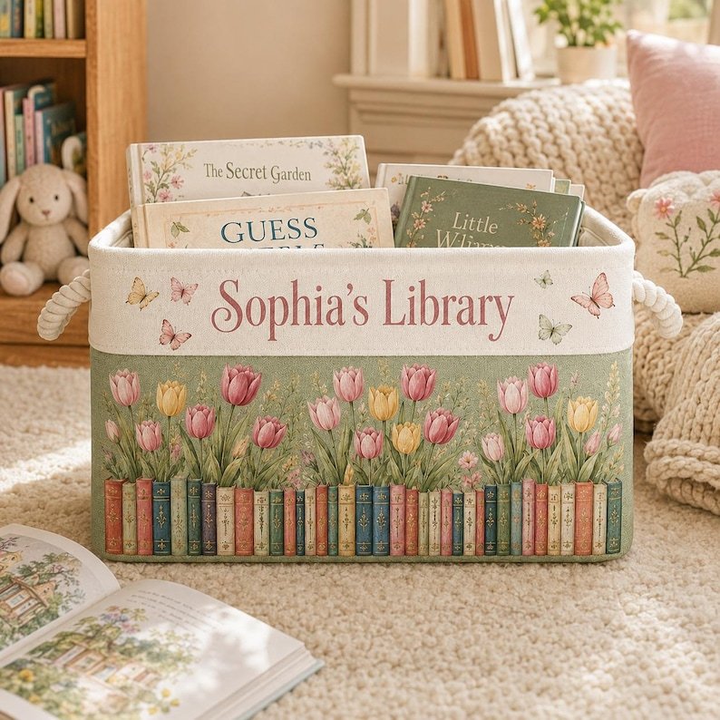 Personalized Book Basket, Custom Book Storage Basket, Birth Month Flower Book Bin, Kids Library Organizer, Book Lover Gift BBPETAL15