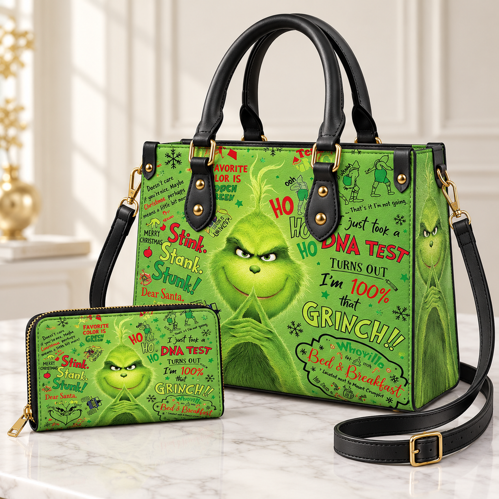 Grinch Hohoho Pattern Leather Handbag, Grinch Christmas Leather Tote Bag, Grinch Wallet Purse, Christmas Bag Gift GBAG06