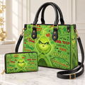 Grinch Hohoho Pattern Leather Handbag, Grinch Christmas Leather Tote Bag, Grinch Wallet Purse, Christmas Bag Gift GBAG06
