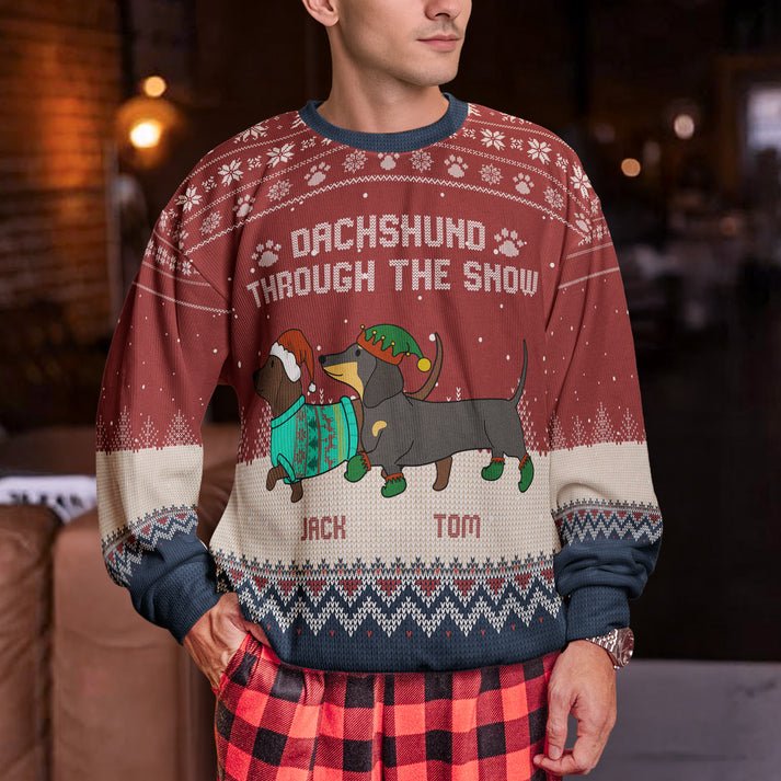 Custom Dachshund Through The Snow Ugly Christmas Sweater, Personalized Dachshund Shirt, Unisex Kid Adult Sweater, Christmas Party Shirt, Holiday Sweatshirts, Xmas Outfit, Christmas Gift UXMAS06