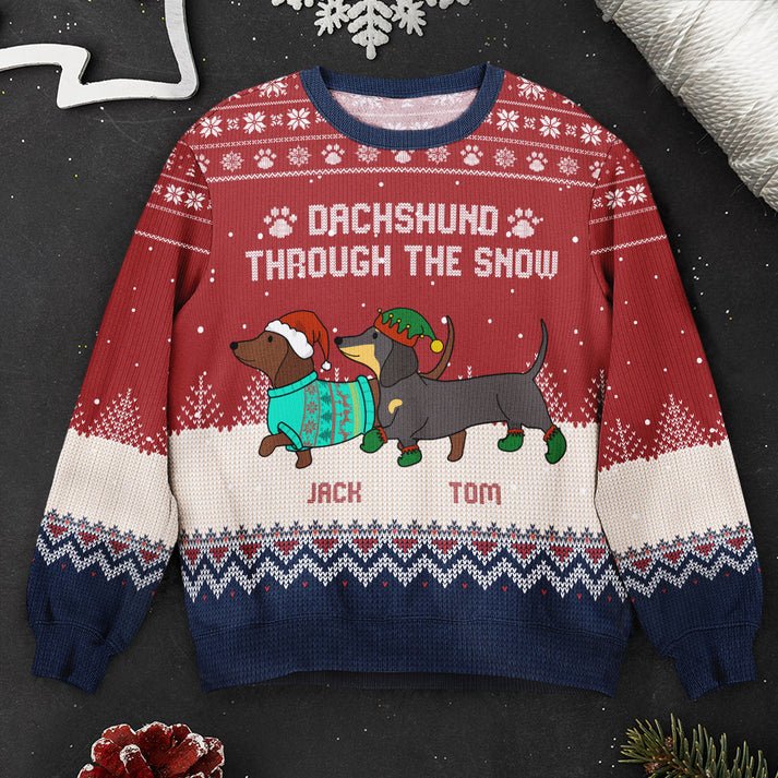 Custom Dachshund Through The Snow Ugly Christmas Sweater, Personalized Dachshund Shirt, Unisex Kid Adult Sweater, Christmas Party Shirt, Holiday Sweatshirts, Xmas Outfit, Christmas Gift UXMAS06