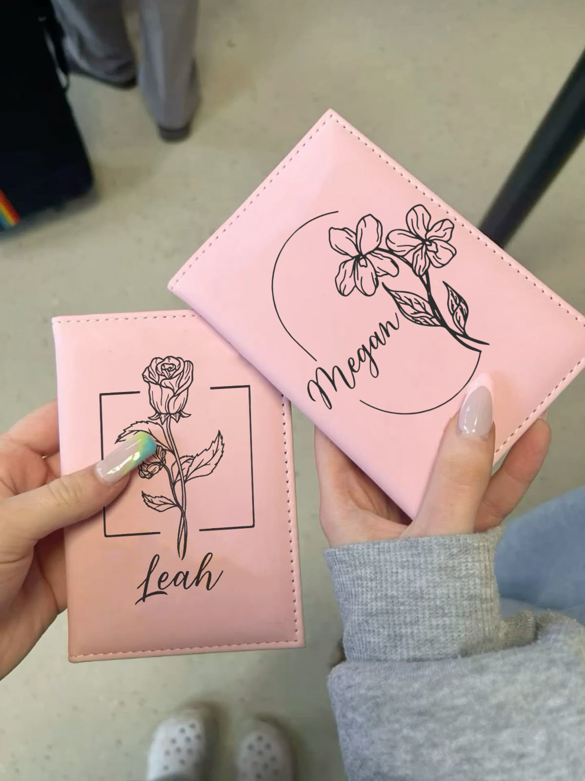 Personalized Leather Passport Cover, Custom Name Monthly Bloom Birth Flower Travel Wallet, Passport Holder Gift for Her